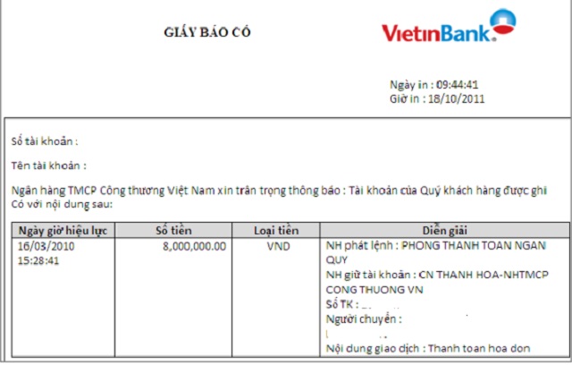 Mẫu giấy báo có của ngân hàng Vietinbank