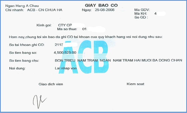 Mẫu giấy báo có của ngân hàng ACB